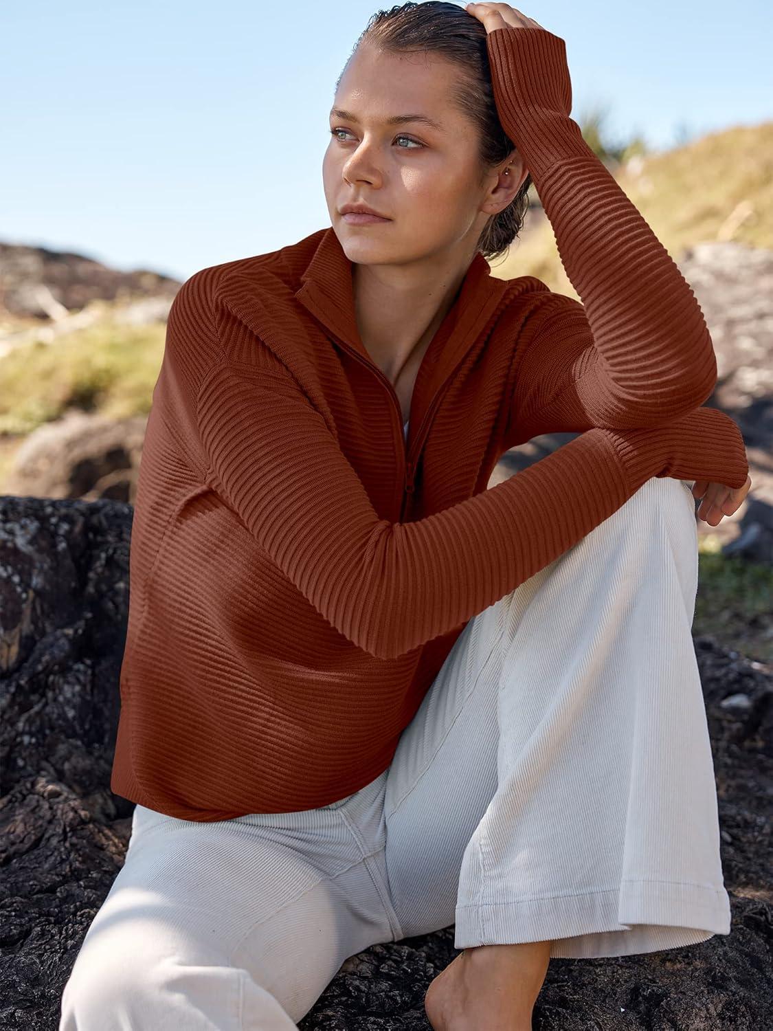 imageANRABESS Womens 2025 Fall Long Sleeve Half Zip Casual Oversized Ribbed Knit Pullover Sweater Top Thumb Hole Trendy OutfitsRust