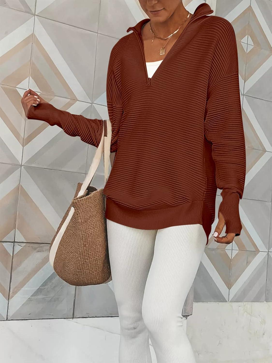 imageANRABESS Womens 2025 Fall Long Sleeve Half Zip Casual Oversized Ribbed Knit Pullover Sweater Top Thumb Hole Trendy OutfitsRust
