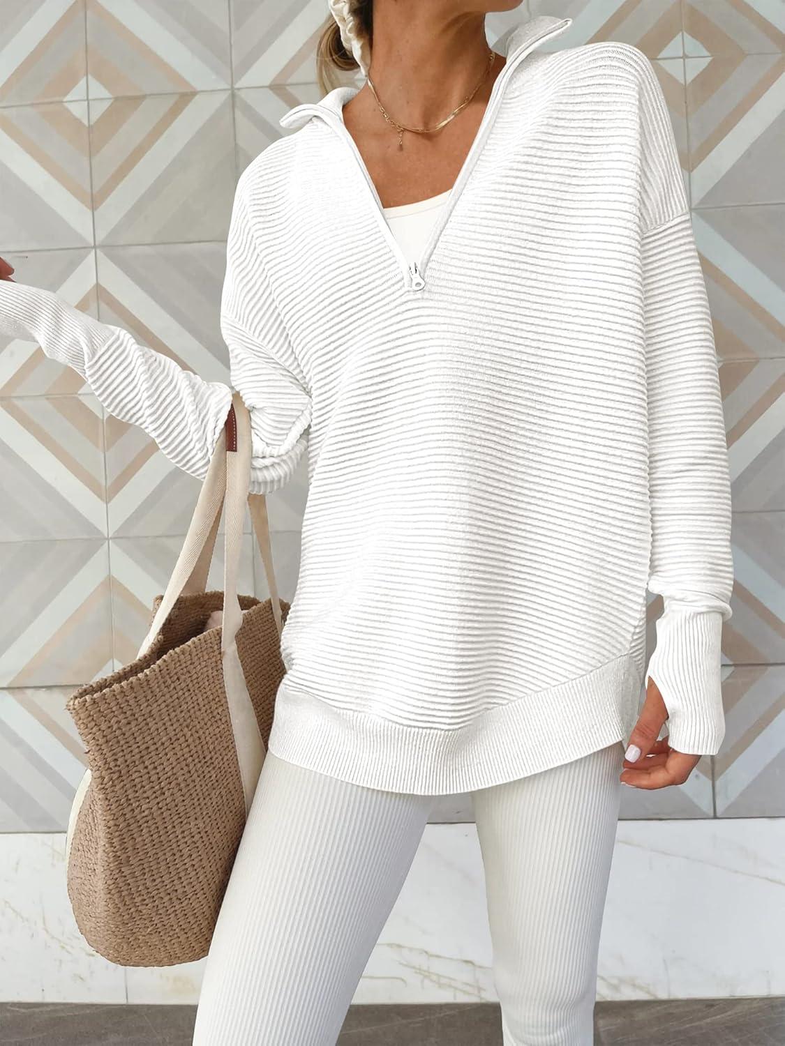 imageANRABESS Womens 2025 Fall Long Sleeve Half Zip Casual Oversized Ribbed Knit Pullover Sweater Top Thumb Hole Trendy OutfitsWhite