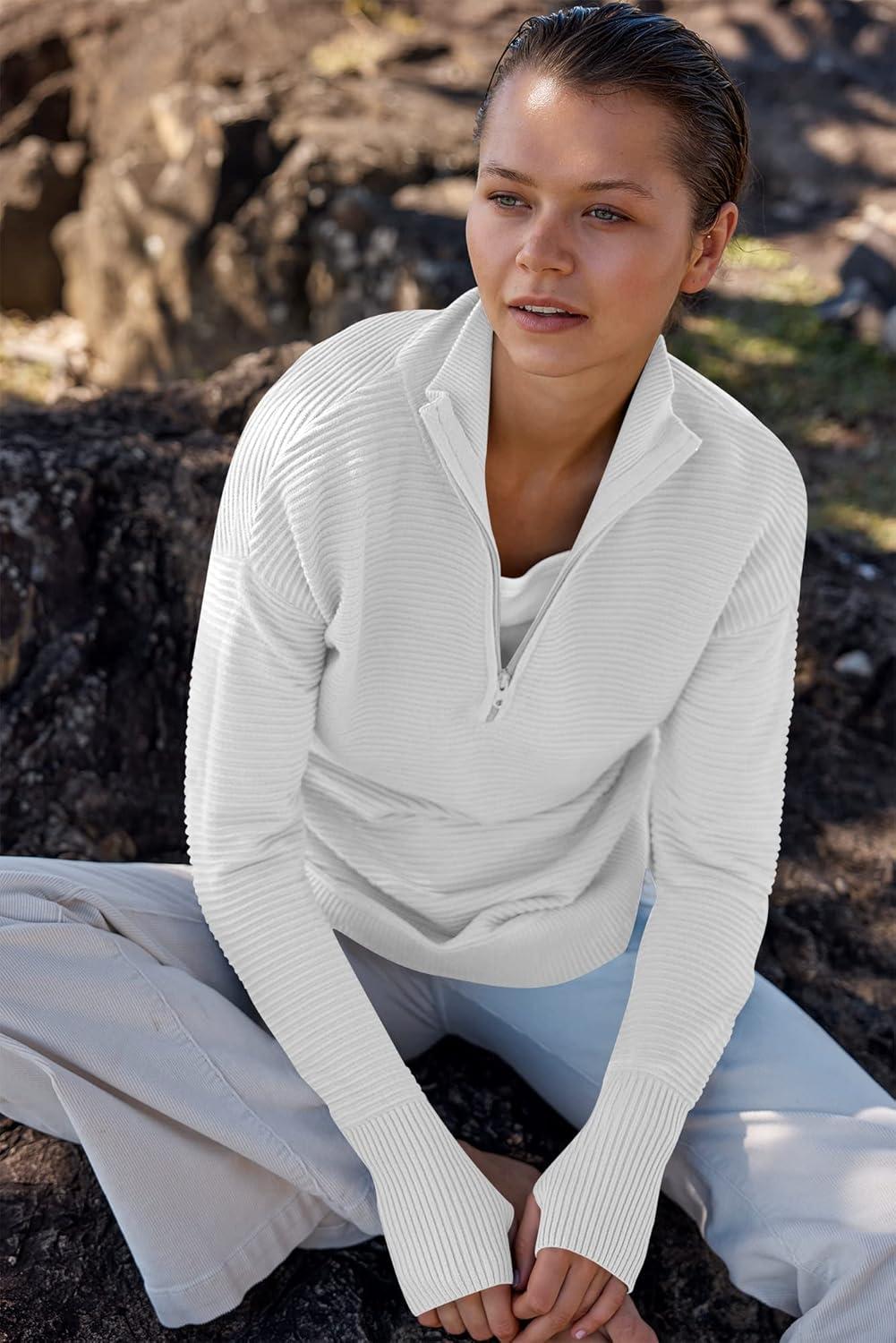 imageANRABESS Womens 2025 Fall Long Sleeve Half Zip Casual Oversized Ribbed Knit Pullover Sweater Top Thumb Hole Trendy OutfitsWhite