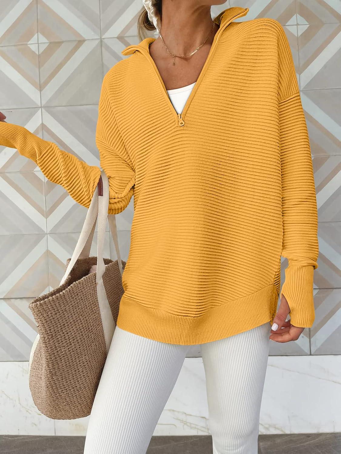 imageANRABESS Womens 2025 Fall Long Sleeve Half Zip Casual Oversized Ribbed Knit Pullover Sweater Top Thumb Hole Trendy OutfitsYellow