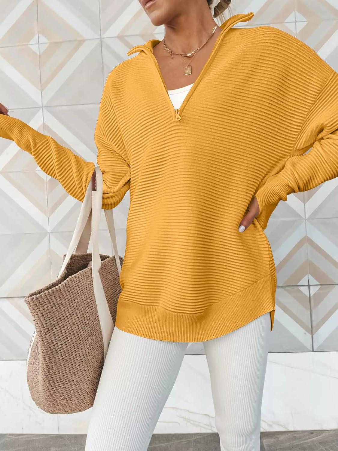 imageANRABESS Womens 2025 Fall Long Sleeve Half Zip Casual Oversized Ribbed Knit Pullover Sweater Top Thumb Hole Trendy OutfitsYellow