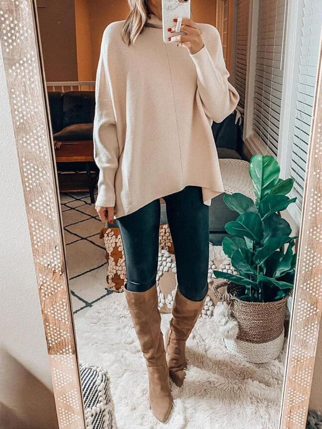 imageANRABESS Womens Oversized Turtleneck Batwing Long Sleeve Casual Cozy Baggy Knit Pullover Tunic Sweater 2024 Fall OutfitsApricot