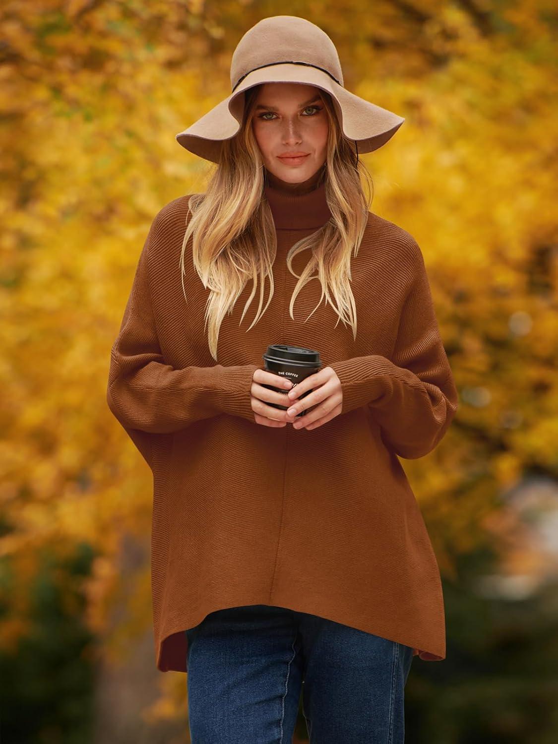 imageANRABESS Womens Oversized Turtleneck Batwing Long Sleeve Casual Cozy Baggy Knit Pullover Tunic Sweater 2024 Fall OutfitsCaramel