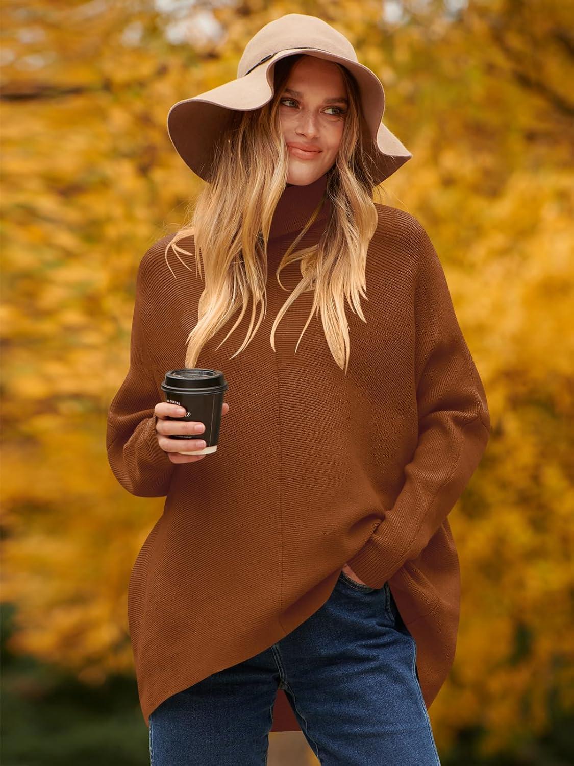 imageANRABESS Womens Oversized Turtleneck Batwing Long Sleeve Casual Cozy Baggy Knit Pullover Tunic Sweater 2024 Fall OutfitsCaramel