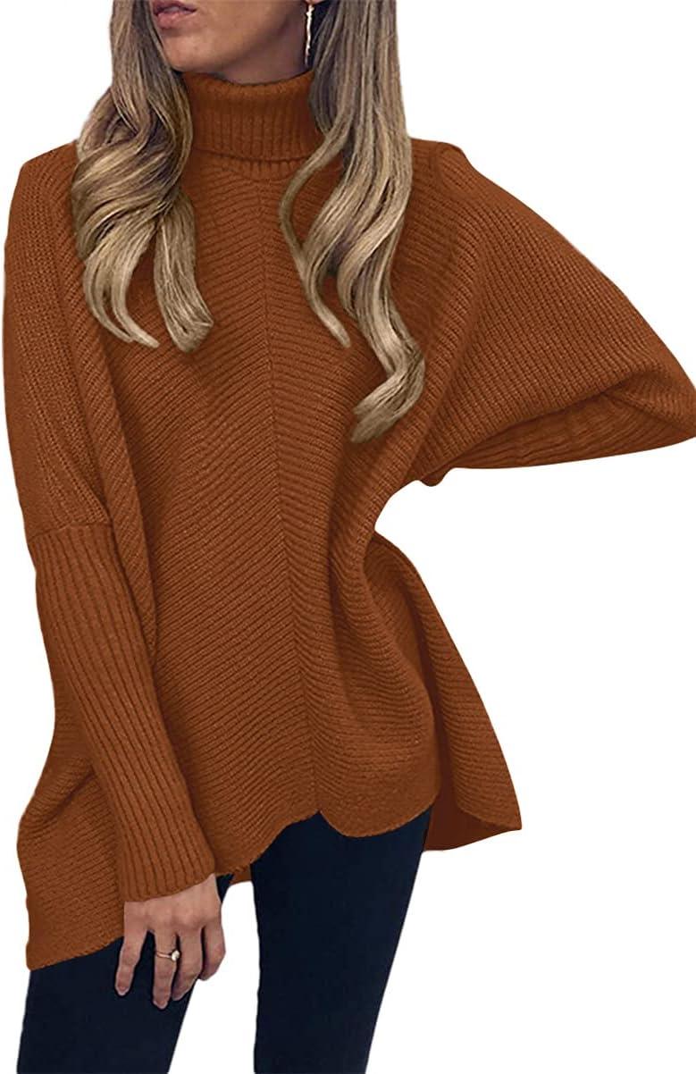 imageANRABESS Womens Oversized Turtleneck Batwing Long Sleeve Casual Cozy Baggy Knit Pullover Tunic Sweater 2024 Fall OutfitsCaramel