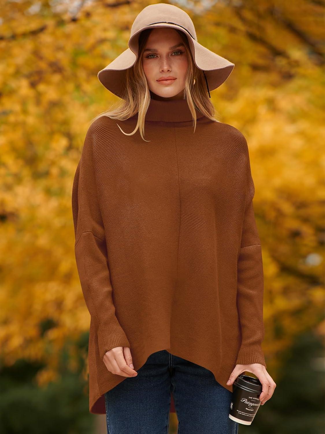 imageANRABESS Womens Oversized Turtleneck Batwing Long Sleeve Casual Cozy Baggy Knit Pullover Tunic Sweater 2024 Fall OutfitsCaramel
