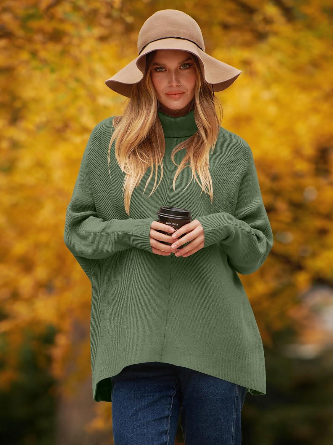 imageANRABESS Womens Oversized Turtleneck Batwing Long Sleeve Casual Cozy Baggy Knit Pullover Tunic Sweater 2024 Fall OutfitsCeladon