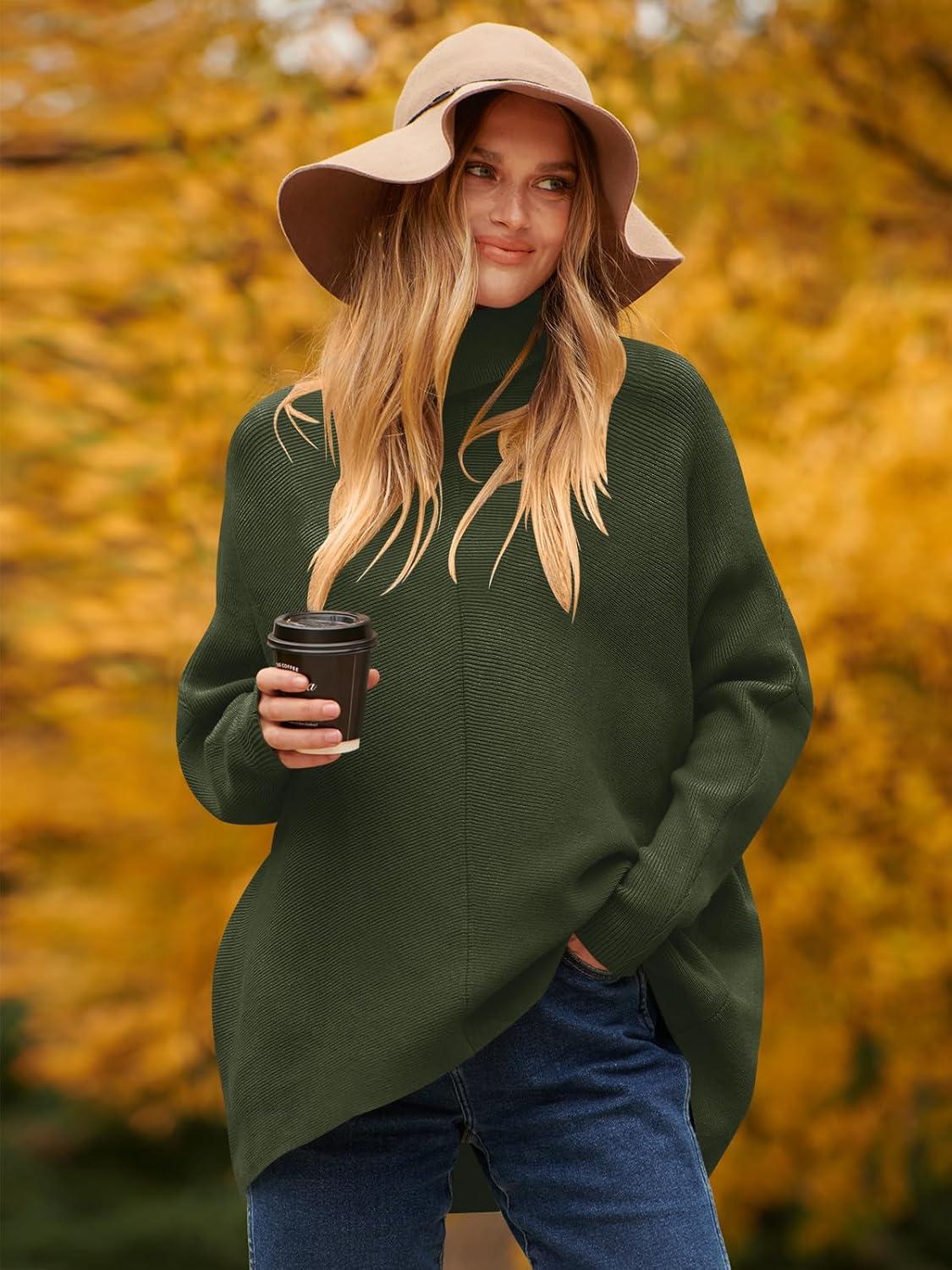 imageANRABESS Womens Oversized Turtleneck Batwing Long Sleeve Casual Cozy Baggy Knit Pullover Tunic Sweater 2024 Fall OutfitsDark Green