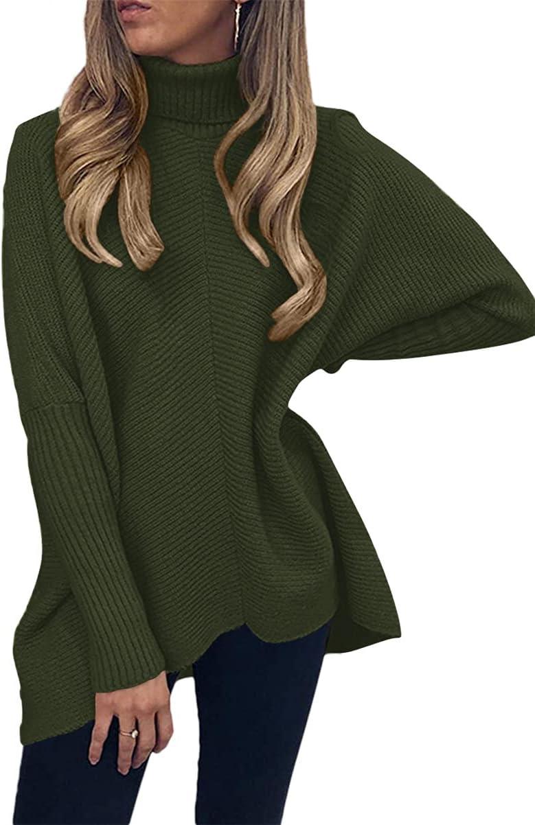 imageANRABESS Womens Oversized Turtleneck Batwing Long Sleeve Casual Cozy Baggy Knit Pullover Tunic Sweater 2024 Fall OutfitsDark Green