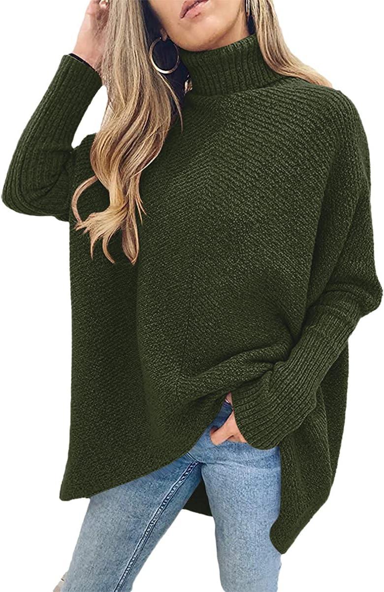 imageANRABESS Womens Oversized Turtleneck Batwing Long Sleeve Casual Cozy Baggy Knit Pullover Tunic Sweater 2024 Fall OutfitsDark Green