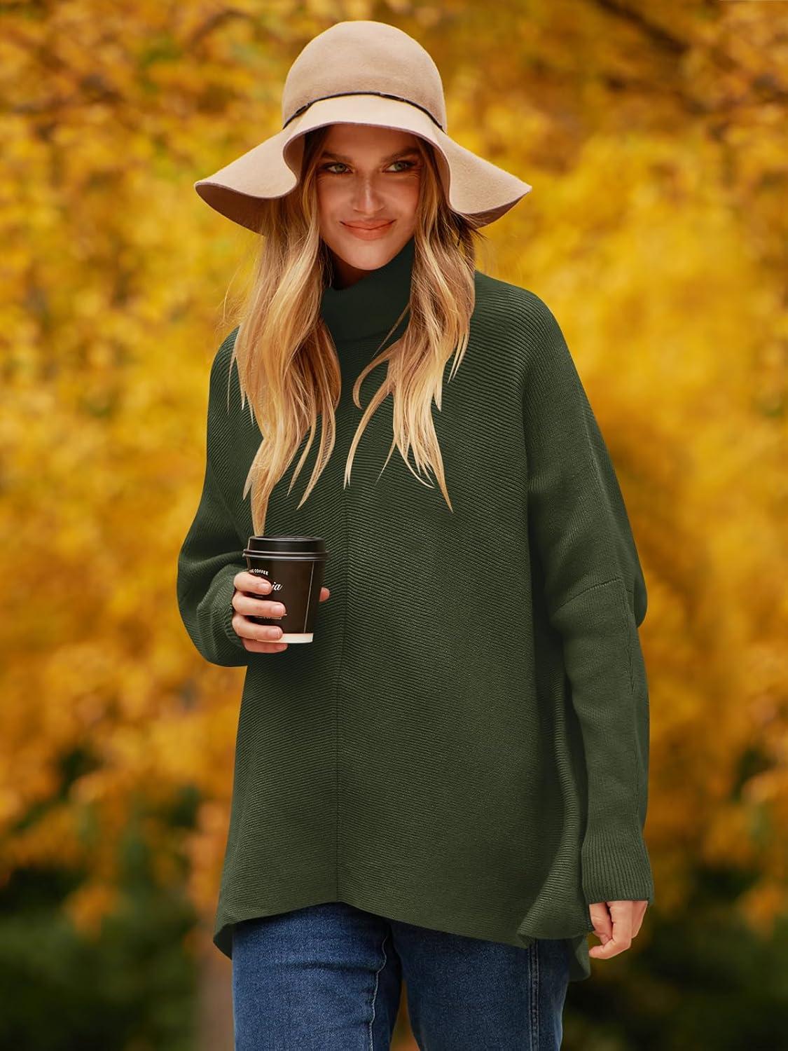 imageANRABESS Womens Oversized Turtleneck Batwing Long Sleeve Casual Cozy Baggy Knit Pullover Tunic Sweater 2024 Fall OutfitsDark Green