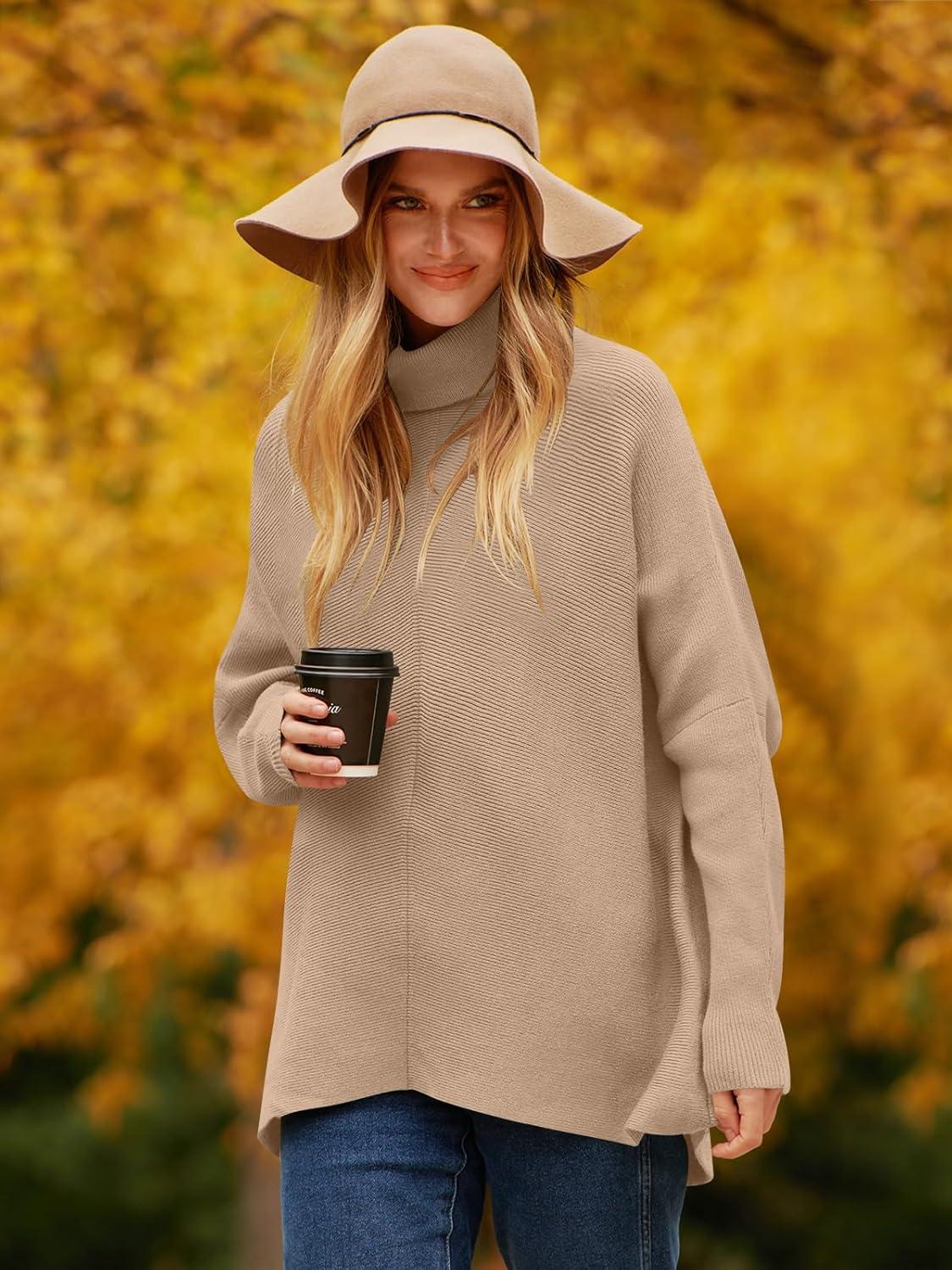 imageANRABESS Womens Oversized Turtleneck Batwing Long Sleeve Casual Cozy Baggy Knit Pullover Tunic Sweater 2024 Fall OutfitsDeep Apricot