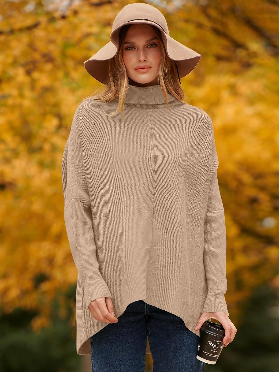 imageANRABESS Womens Oversized Turtleneck Batwing Long Sleeve Casual Cozy Baggy Knit Pullover Tunic Sweater 2024 Fall OutfitsDeep Apricot