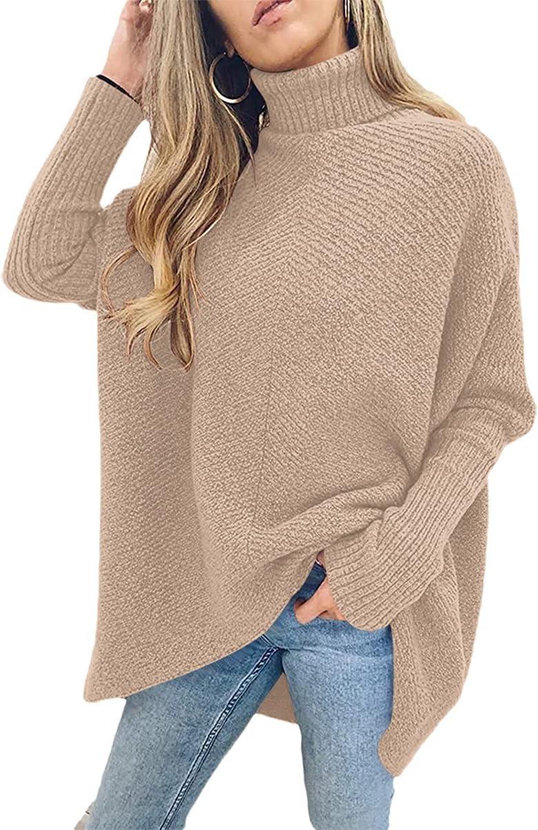 imageANRABESS Womens Oversized Turtleneck Batwing Long Sleeve Casual Cozy Baggy Knit Pullover Tunic Sweater 2024 Fall OutfitsDeep Apricot