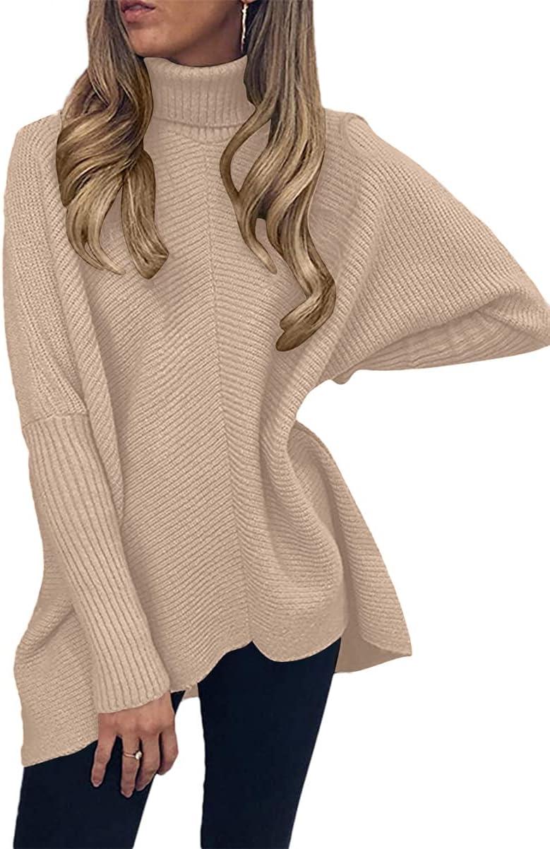 imageANRABESS Womens Oversized Turtleneck Batwing Long Sleeve Casual Cozy Baggy Knit Pullover Tunic Sweater 2024 Fall OutfitsDeep Apricot