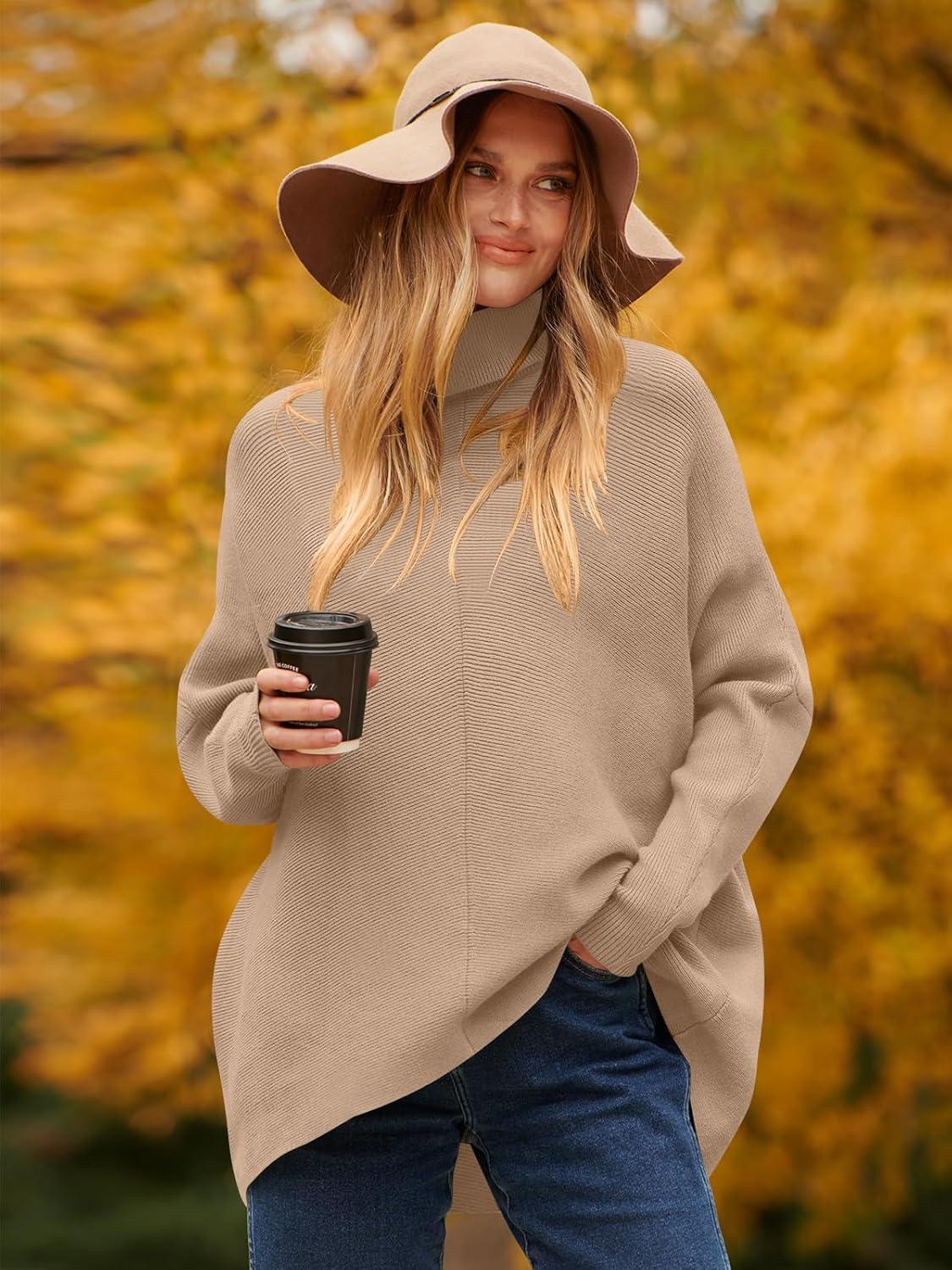 imageANRABESS Womens Oversized Turtleneck Batwing Long Sleeve Casual Cozy Baggy Knit Pullover Tunic Sweater 2024 Fall OutfitsDeep Apricot