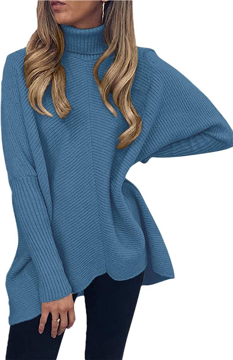 imageANRABESS Womens Oversized Turtleneck Batwing Long Sleeve Casual Cozy Baggy Knit Pullover Tunic Sweater 2024 Fall OutfitsDenim Blue