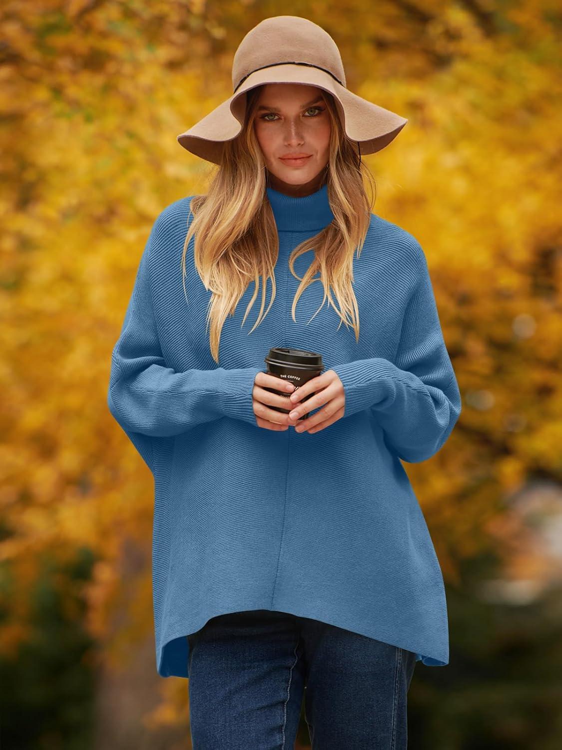 imageANRABESS Womens Oversized Turtleneck Batwing Long Sleeve Casual Cozy Baggy Knit Pullover Tunic Sweater 2024 Fall OutfitsDenim Blue
