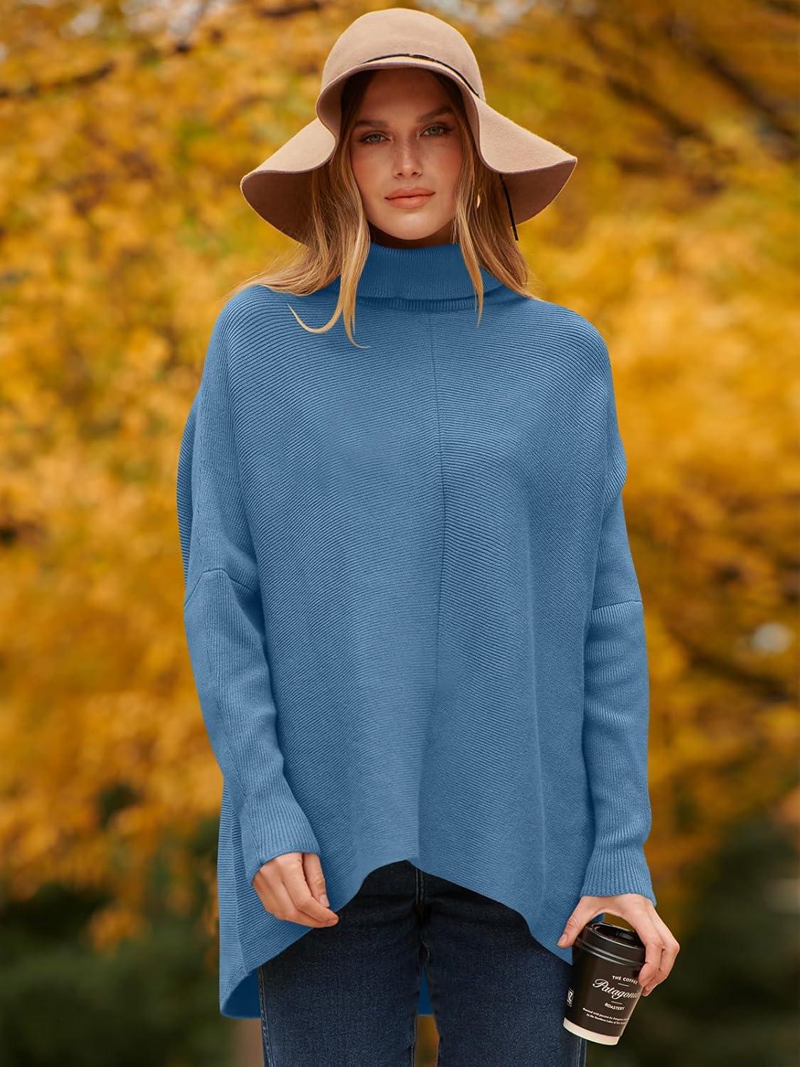 imageANRABESS Womens Oversized Turtleneck Batwing Long Sleeve Casual Cozy Baggy Knit Pullover Tunic Sweater 2024 Fall OutfitsDenim Blue