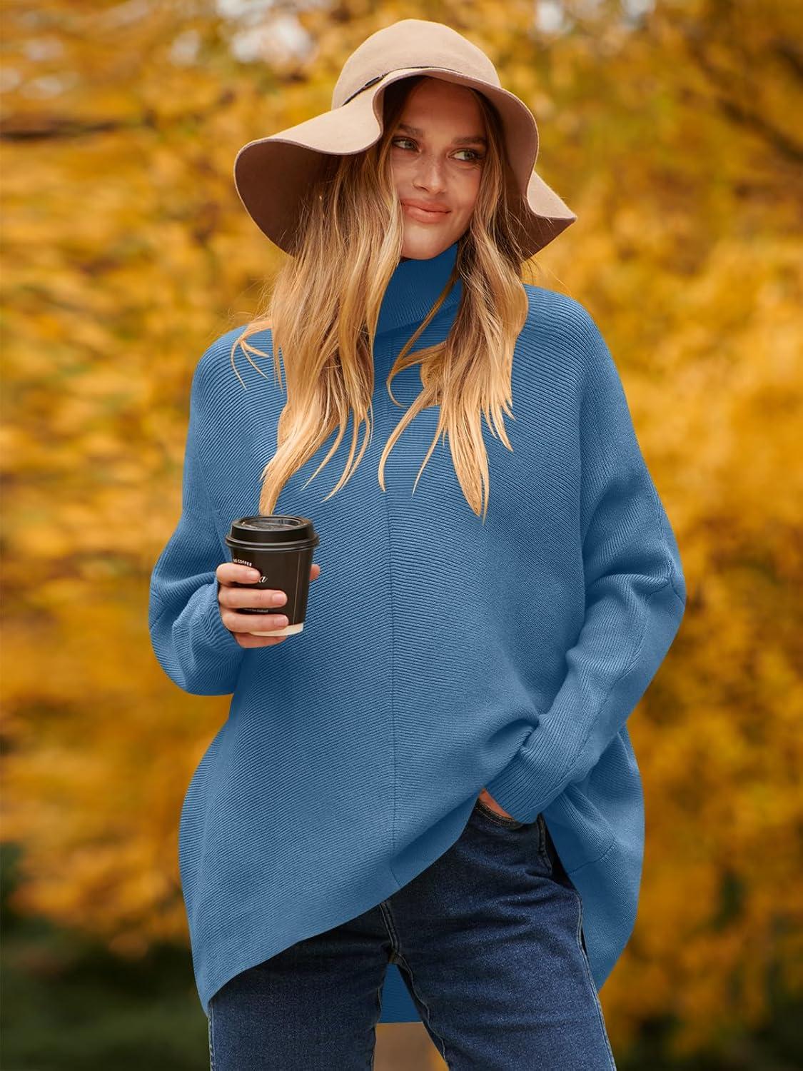 imageANRABESS Womens Oversized Turtleneck Batwing Long Sleeve Casual Cozy Baggy Knit Pullover Tunic Sweater 2024 Fall OutfitsDenim Blue