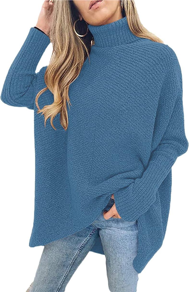 imageANRABESS Womens Oversized Turtleneck Batwing Long Sleeve Casual Cozy Baggy Knit Pullover Tunic Sweater 2024 Fall OutfitsDenim Blue
