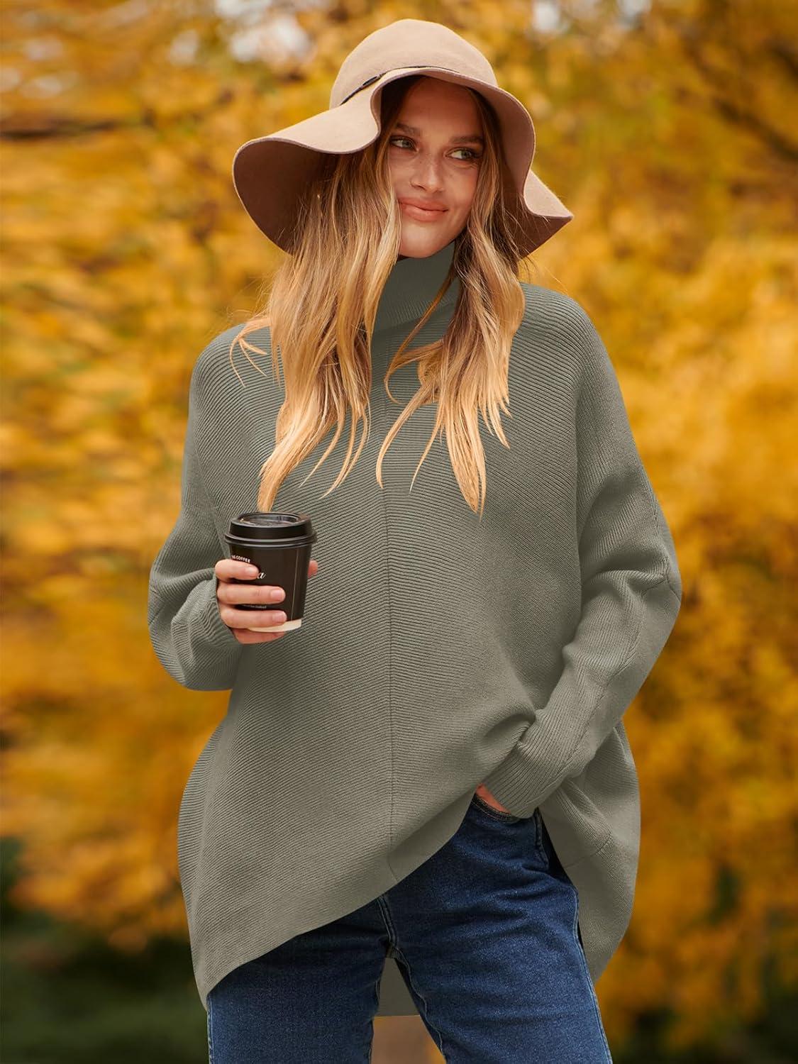 imageANRABESS Womens Oversized Turtleneck Batwing Long Sleeve Casual Cozy Baggy Knit Pullover Tunic Sweater 2024 Fall OutfitsGray Coffee
