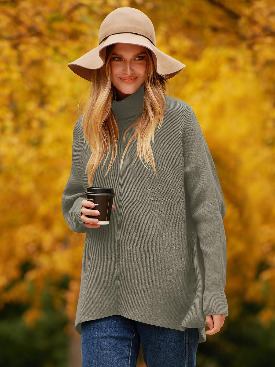 imageANRABESS Womens Oversized Turtleneck Batwing Long Sleeve Casual Cozy Baggy Knit Pullover Tunic Sweater 2024 Fall OutfitsGray Coffee