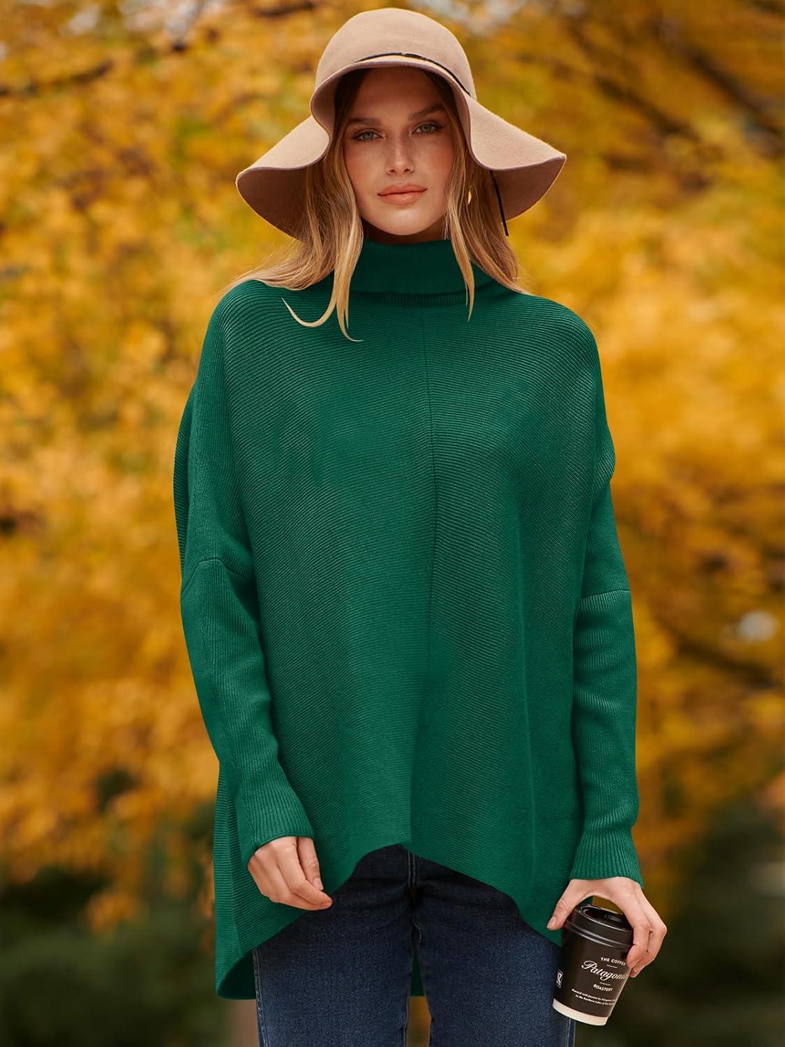 imageANRABESS Womens Oversized Turtleneck Batwing Long Sleeve Casual Cozy Baggy Knit Pullover Tunic Sweater 2024 Fall OutfitsGreen