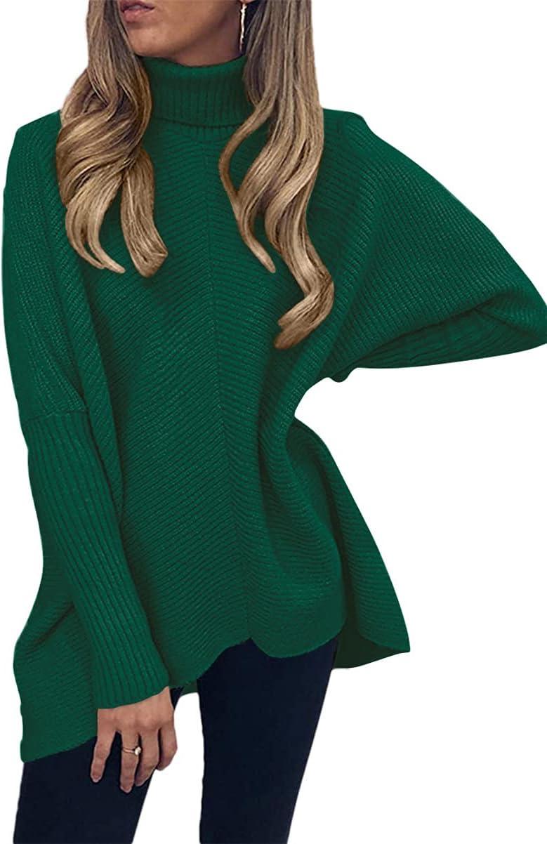 imageANRABESS Womens Oversized Turtleneck Batwing Long Sleeve Casual Cozy Baggy Knit Pullover Tunic Sweater 2024 Fall OutfitsGreen