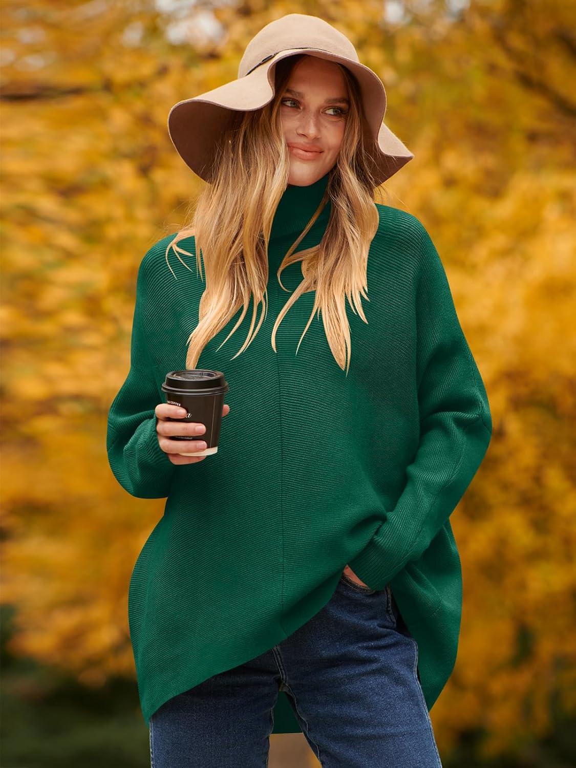 imageANRABESS Womens Oversized Turtleneck Batwing Long Sleeve Casual Cozy Baggy Knit Pullover Tunic Sweater 2024 Fall OutfitsGreen