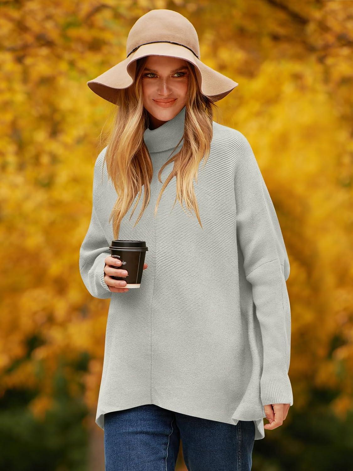 imageANRABESS Womens Oversized Turtleneck Batwing Long Sleeve Casual Cozy Baggy Knit Pullover Tunic Sweater 2024 Fall OutfitsGrey