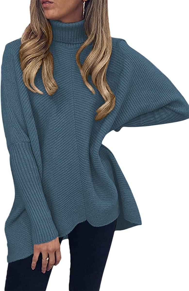 imageANRABESS Womens Oversized Turtleneck Batwing Long Sleeve Casual Cozy Baggy Knit Pullover Tunic Sweater 2024 Fall OutfitsIndigo