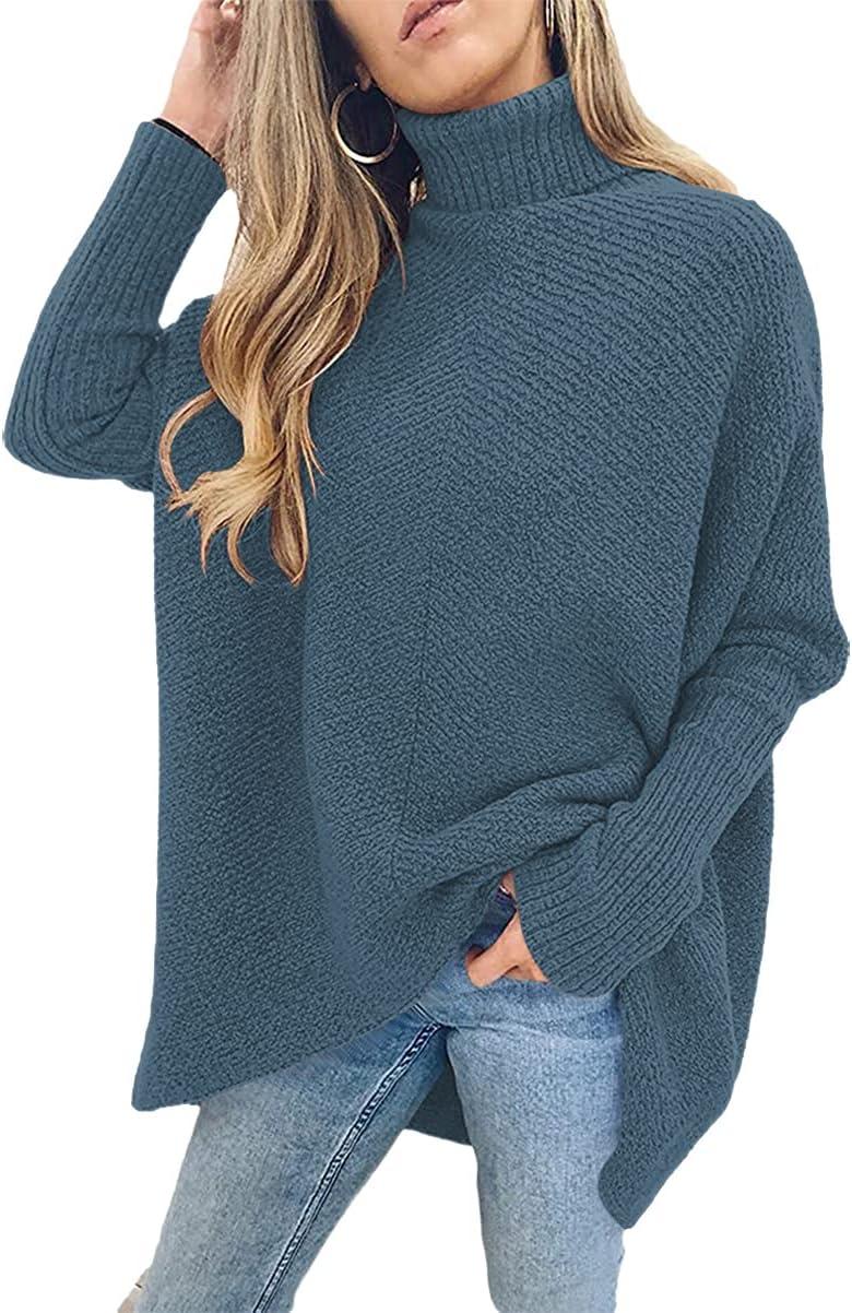 imageANRABESS Womens Oversized Turtleneck Batwing Long Sleeve Casual Cozy Baggy Knit Pullover Tunic Sweater 2024 Fall OutfitsIndigo