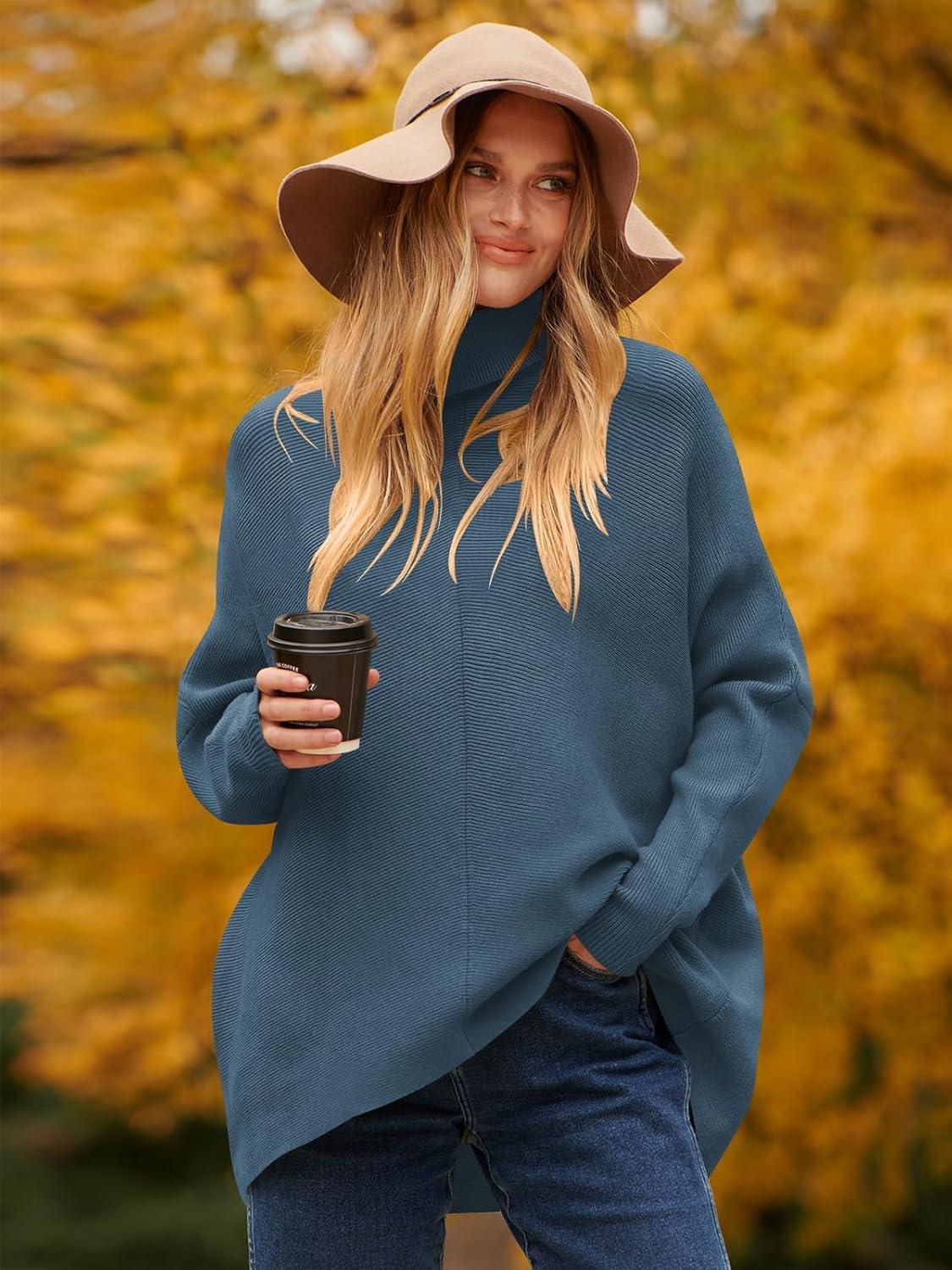 imageANRABESS Womens Oversized Turtleneck Batwing Long Sleeve Casual Cozy Baggy Knit Pullover Tunic Sweater 2024 Fall OutfitsIndigo