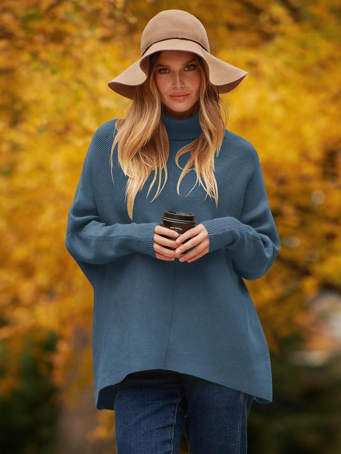 imageANRABESS Womens Oversized Turtleneck Batwing Long Sleeve Casual Cozy Baggy Knit Pullover Tunic Sweater 2024 Fall OutfitsIndigo