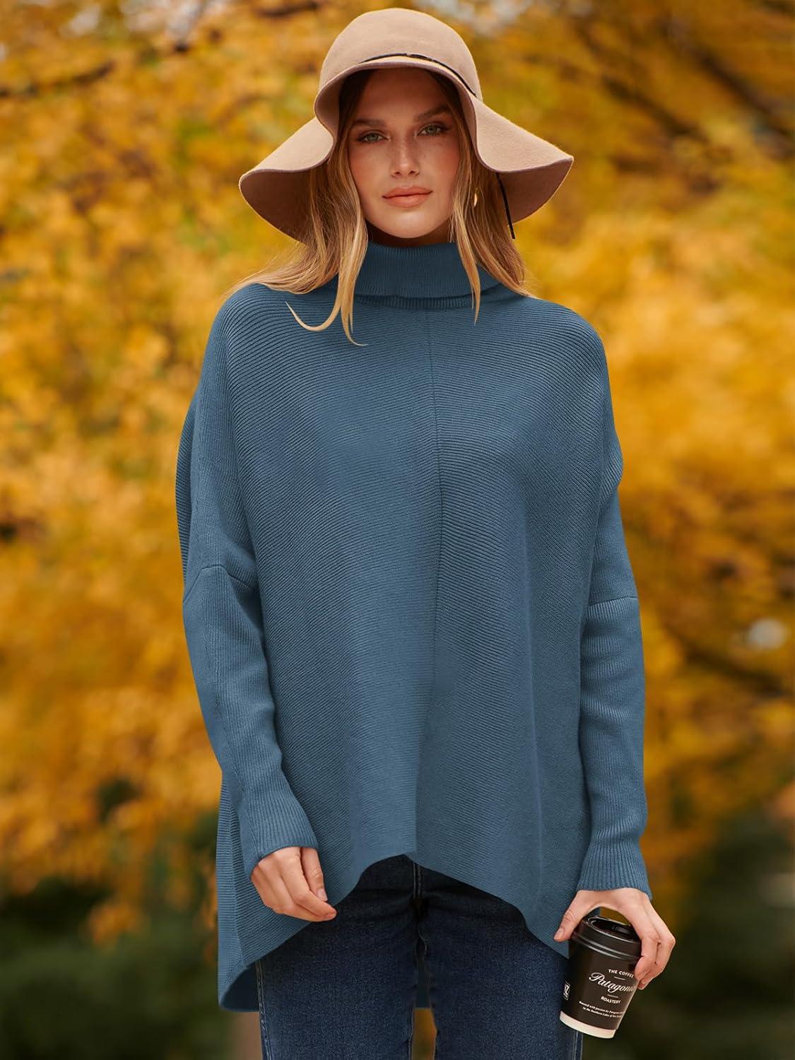 imageANRABESS Womens Oversized Turtleneck Batwing Long Sleeve Casual Cozy Baggy Knit Pullover Tunic Sweater 2024 Fall OutfitsIndigo