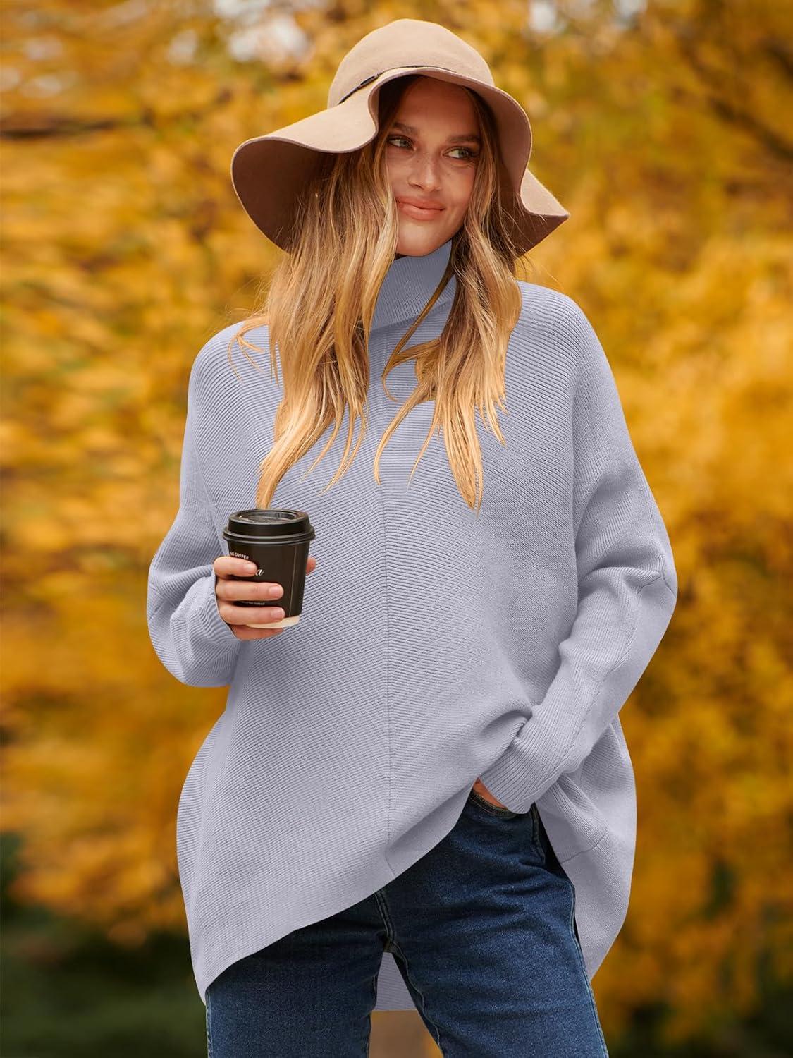 imageANRABESS Womens Oversized Turtleneck Batwing Long Sleeve Casual Cozy Baggy Knit Pullover Tunic Sweater 2024 Fall OutfitsLavender