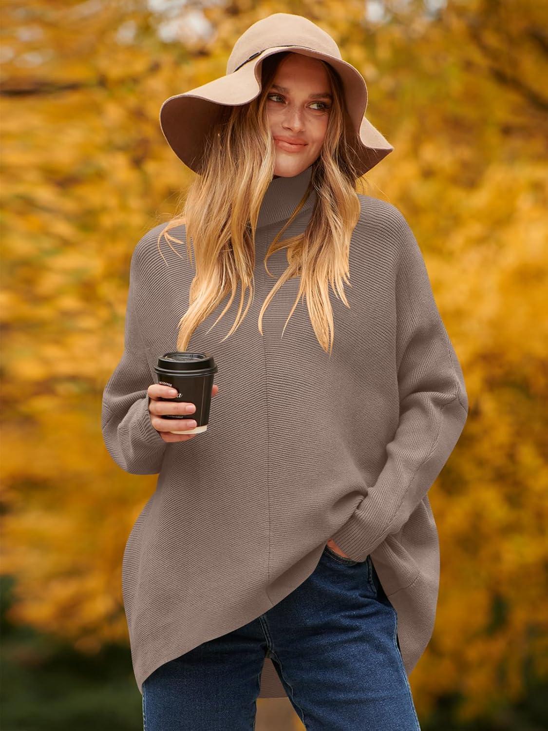 imageANRABESS Womens Oversized Turtleneck Batwing Long Sleeve Casual Cozy Baggy Knit Pullover Tunic Sweater 2024 Fall OutfitsMutmeg