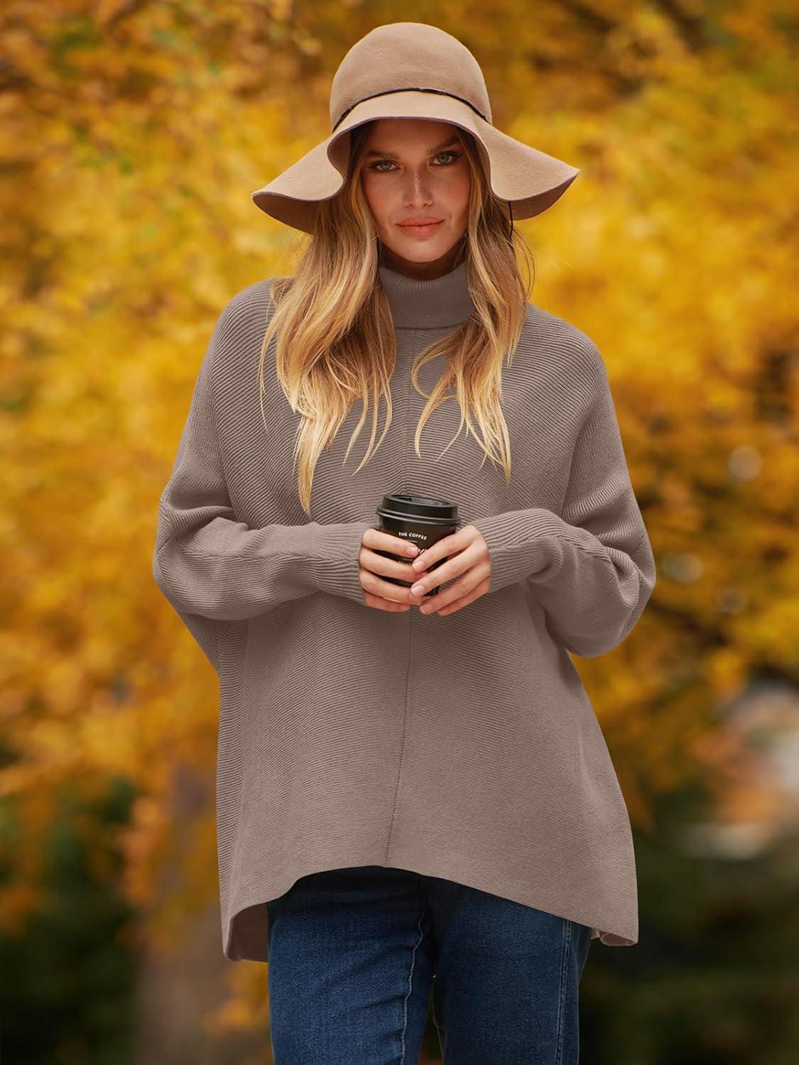 imageANRABESS Womens Oversized Turtleneck Batwing Long Sleeve Casual Cozy Baggy Knit Pullover Tunic Sweater 2024 Fall OutfitsMutmeg