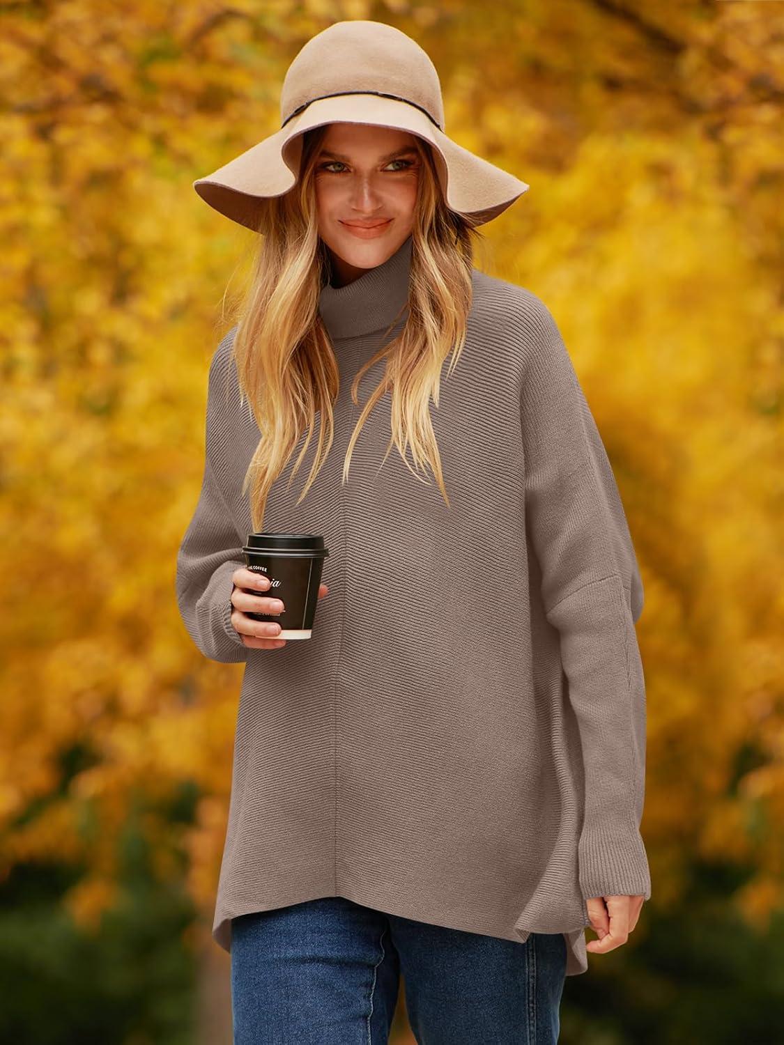 imageANRABESS Womens Oversized Turtleneck Batwing Long Sleeve Casual Cozy Baggy Knit Pullover Tunic Sweater 2024 Fall OutfitsMutmeg