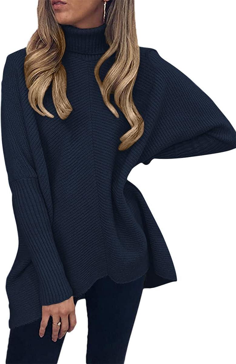 imageANRABESS Womens Oversized Turtleneck Batwing Long Sleeve Casual Cozy Baggy Knit Pullover Tunic Sweater 2024 Fall OutfitsNavy Blue