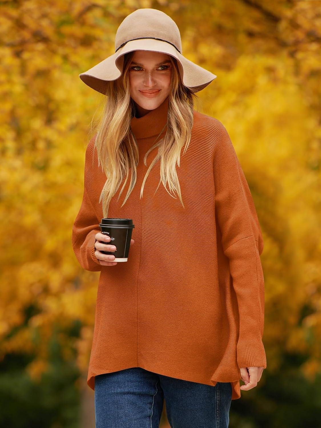 imageANRABESS Womens Oversized Turtleneck Batwing Long Sleeve Casual Cozy Baggy Knit Pullover Tunic Sweater 2024 Fall OutfitsOrange Rust