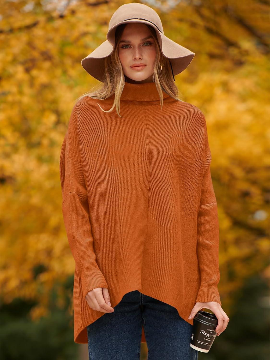 imageANRABESS Womens Oversized Turtleneck Batwing Long Sleeve Casual Cozy Baggy Knit Pullover Tunic Sweater 2024 Fall OutfitsOrange Rust