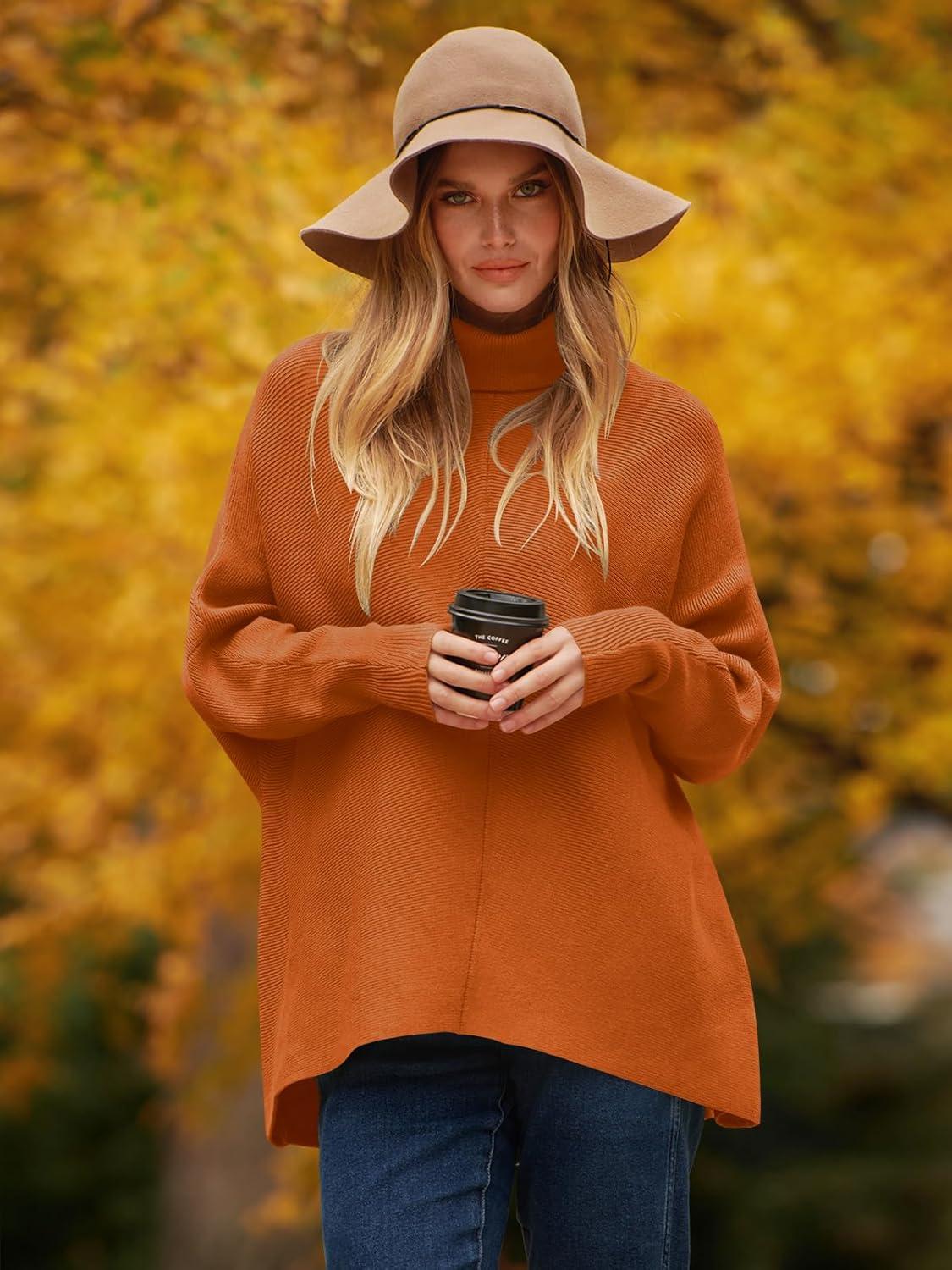imageANRABESS Womens Oversized Turtleneck Batwing Long Sleeve Casual Cozy Baggy Knit Pullover Tunic Sweater 2024 Fall OutfitsOrange Rust