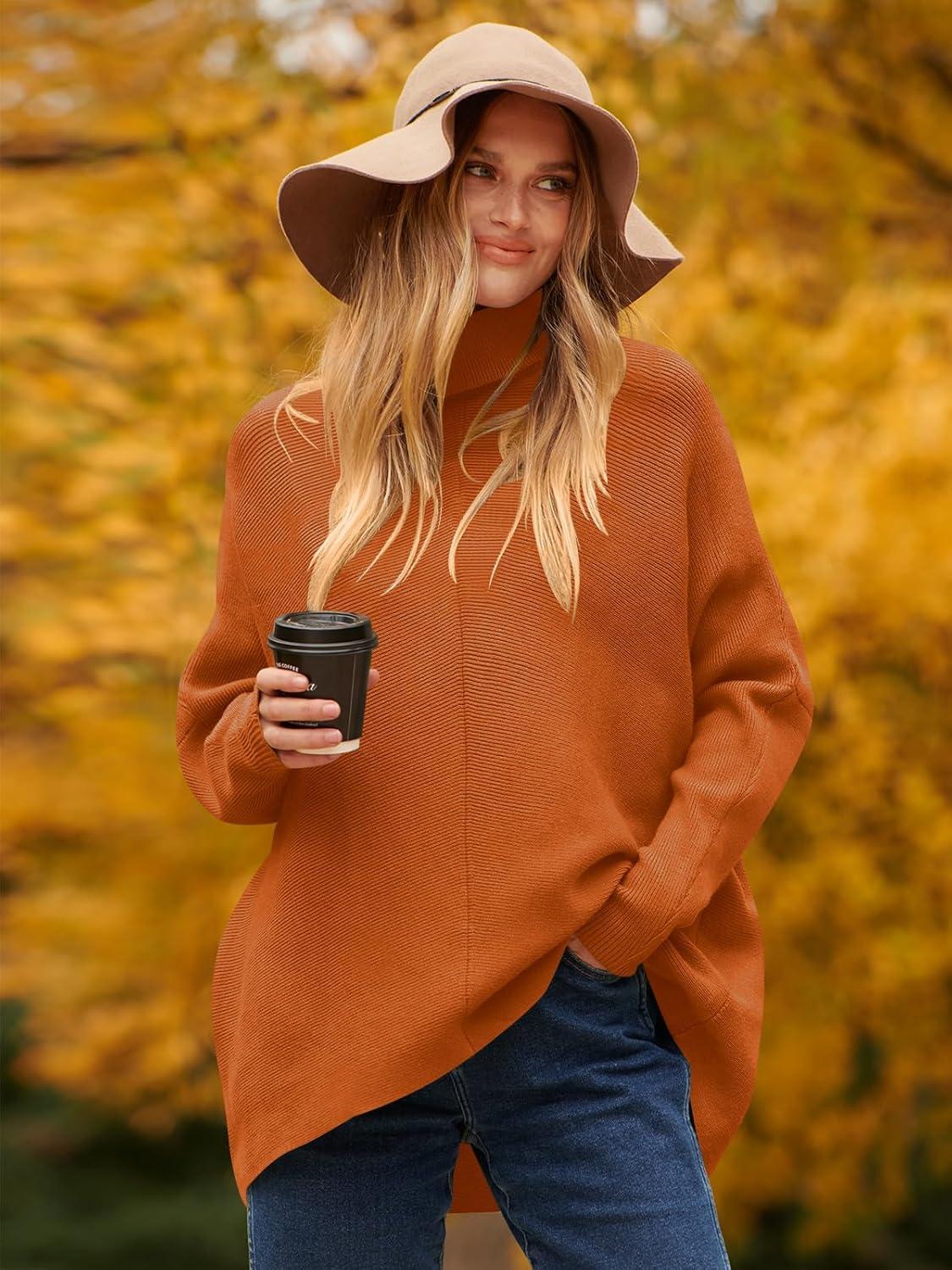 imageANRABESS Womens Oversized Turtleneck Batwing Long Sleeve Casual Cozy Baggy Knit Pullover Tunic Sweater 2024 Fall OutfitsOrange Rust