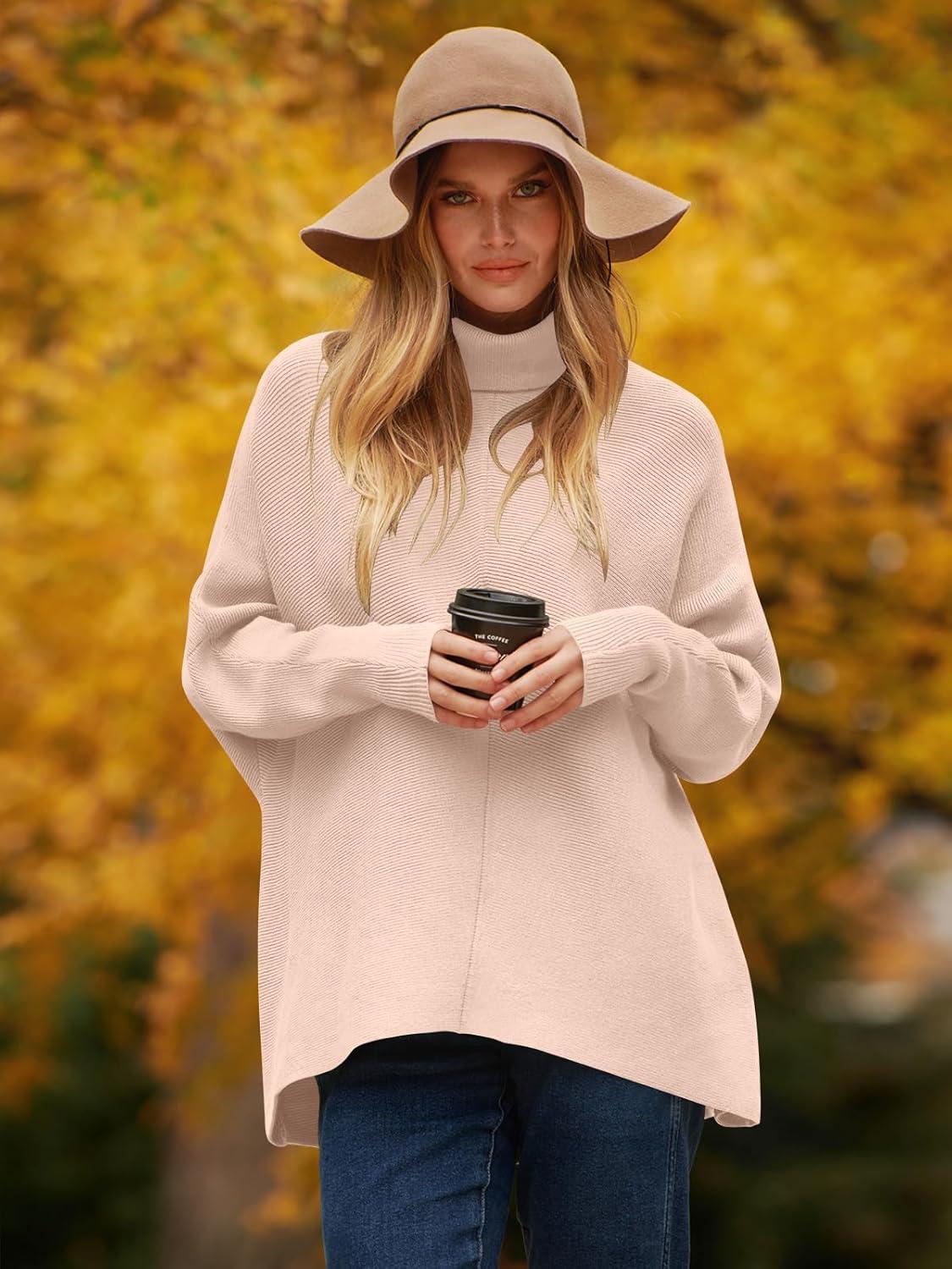 imageANRABESS Womens Oversized Turtleneck Batwing Long Sleeve Casual Cozy Baggy Knit Pullover Tunic Sweater 2024 Fall OutfitsPink