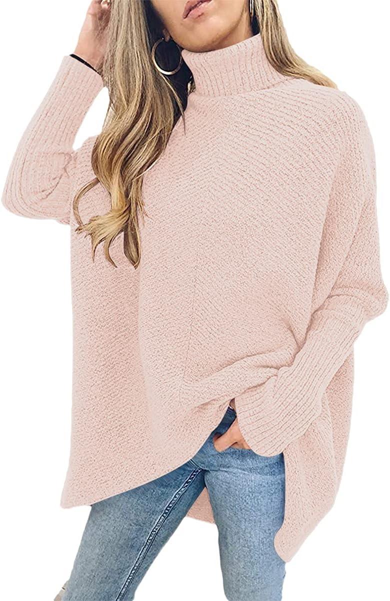 imageANRABESS Womens Oversized Turtleneck Batwing Long Sleeve Casual Cozy Baggy Knit Pullover Tunic Sweater 2024 Fall OutfitsPink