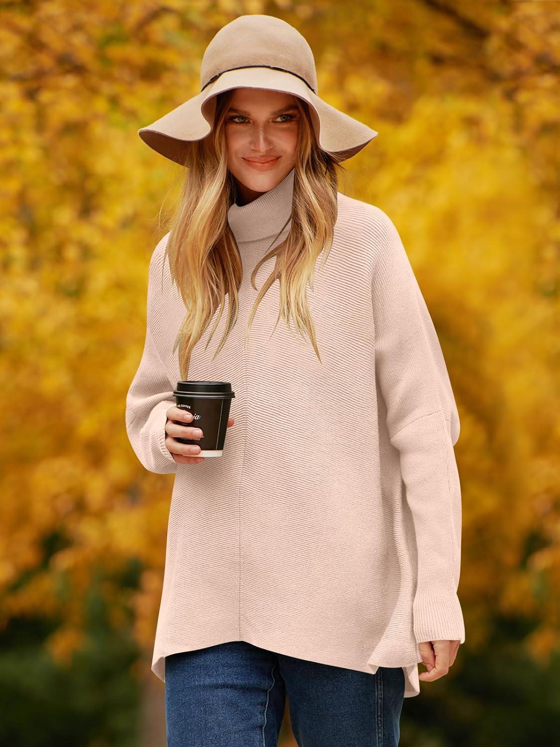 imageANRABESS Womens Oversized Turtleneck Batwing Long Sleeve Casual Cozy Baggy Knit Pullover Tunic Sweater 2024 Fall OutfitsPink