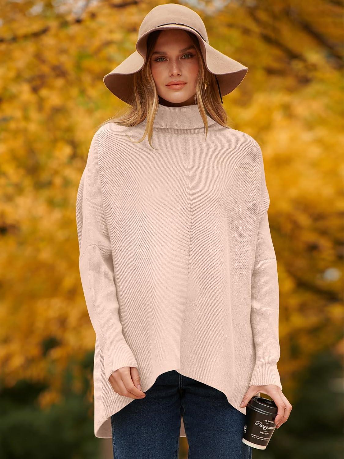 imageANRABESS Womens Oversized Turtleneck Batwing Long Sleeve Casual Cozy Baggy Knit Pullover Tunic Sweater 2024 Fall OutfitsPink